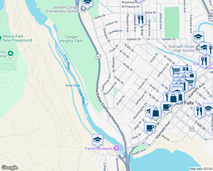 map of restaurants, bars, coffee shops, grocery stores, and more near 863 California Avenue in Klamath Falls