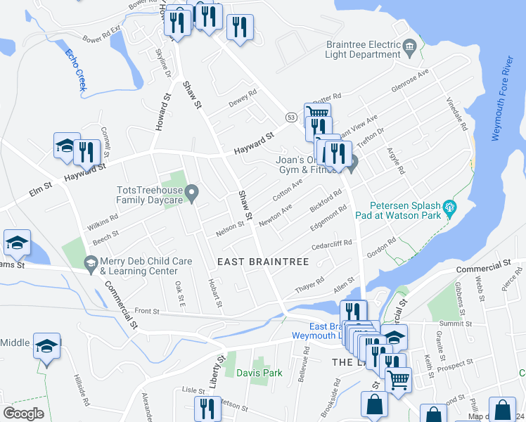 map of restaurants, bars, coffee shops, grocery stores, and more near 15 Cotton Avenue in Braintree