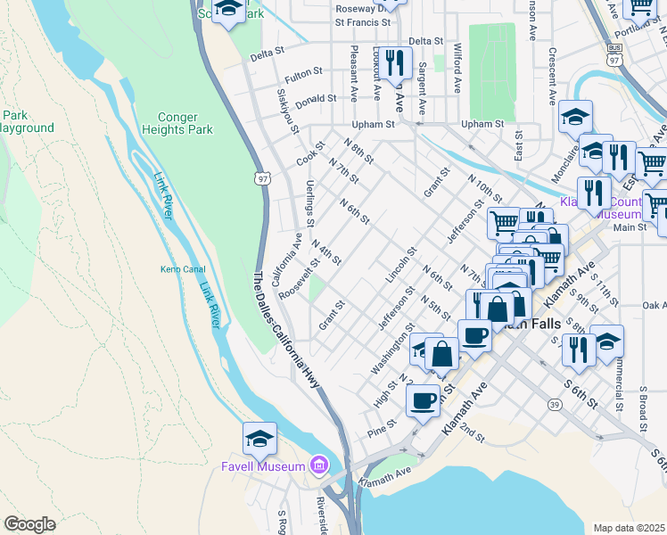 map of restaurants, bars, coffee shops, grocery stores, and more near 807 North 3rd Street in Klamath Falls