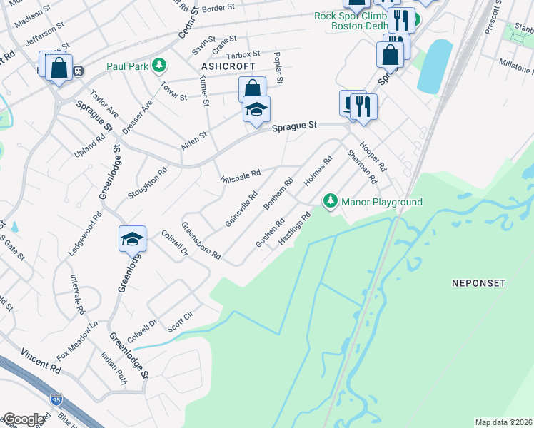map of restaurants, bars, coffee shops, grocery stores, and more near 39 Goshen Road in Dedham