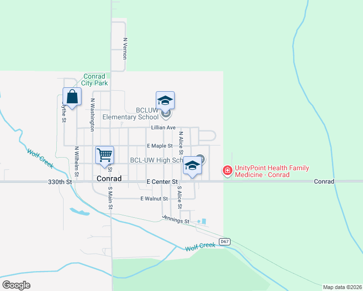 map of restaurants, bars, coffee shops, grocery stores, and more near 298 North Alice Street in Conrad