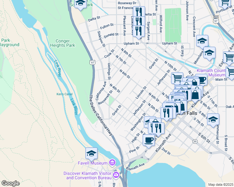 map of restaurants, bars, coffee shops, grocery stores, and more near 329 McKinley Street in Klamath Falls