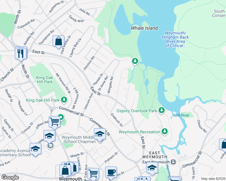 map of restaurants, bars, coffee shops, grocery stores, and more near 20 Puritan Road in Weymouth