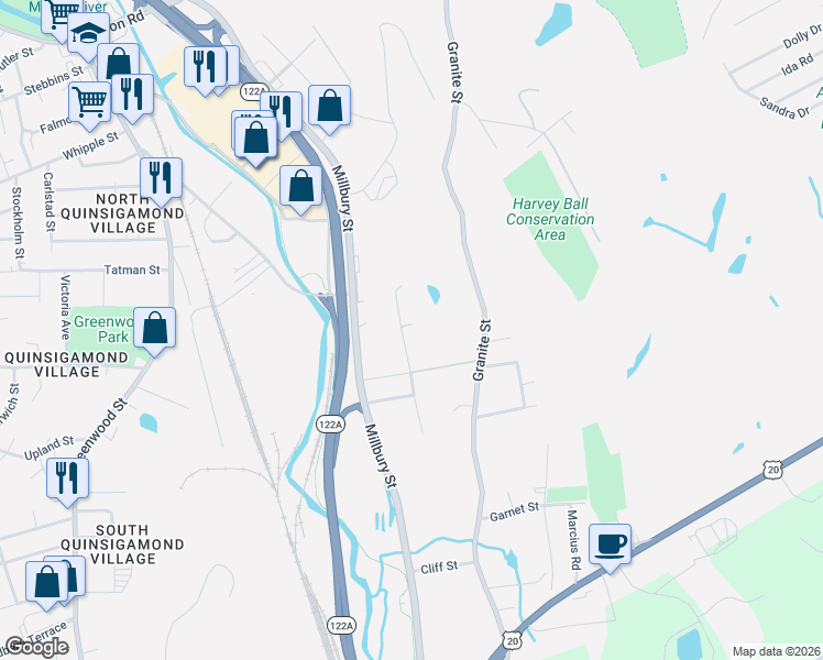map of restaurants, bars, coffee shops, grocery stores, and more near 98 Saint Louis Street in Worcester