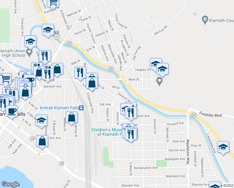 map of restaurants, bars, coffee shops, grocery stores, and more near 2212 Oak Avenue in Klamath Falls