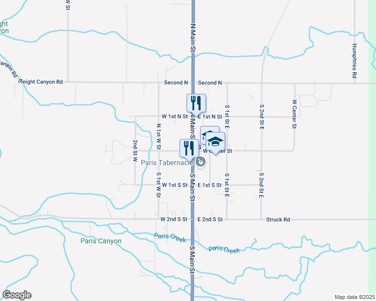 map of restaurants, bars, coffee shops, grocery stores, and more near 48 West Center Street in Paris