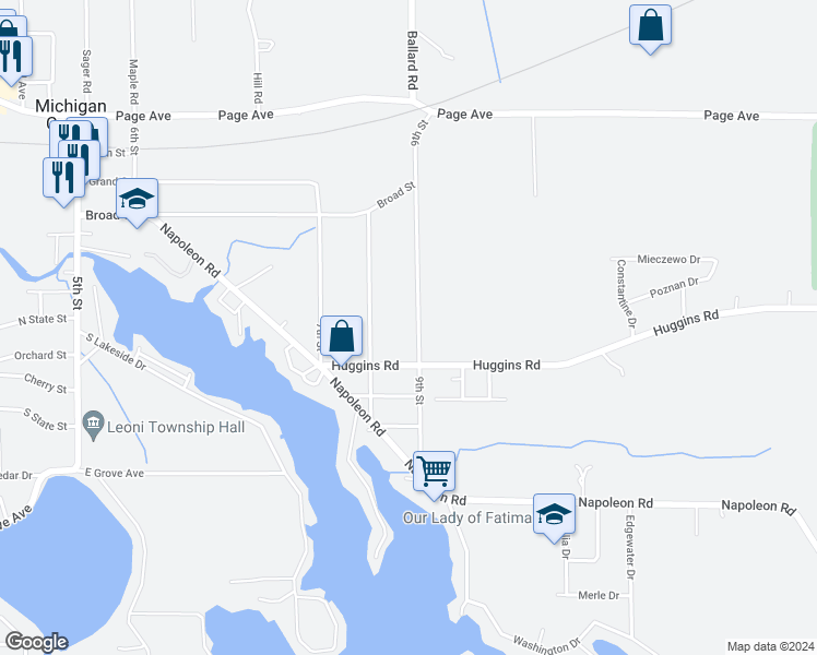 map of restaurants, bars, coffee shops, grocery stores, and more near 538 9th Street in Michigan Center