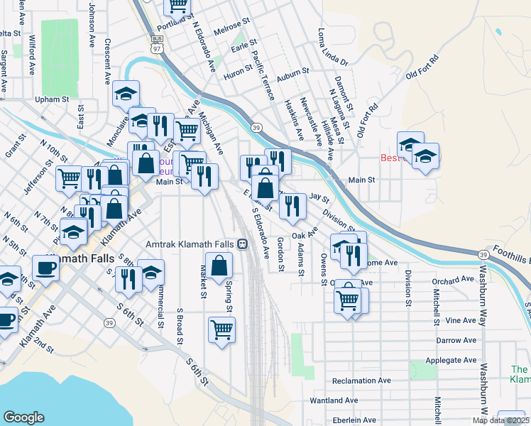 map of restaurants, bars, coffee shops, grocery stores, and more near 210 East Main Street in Klamath Falls