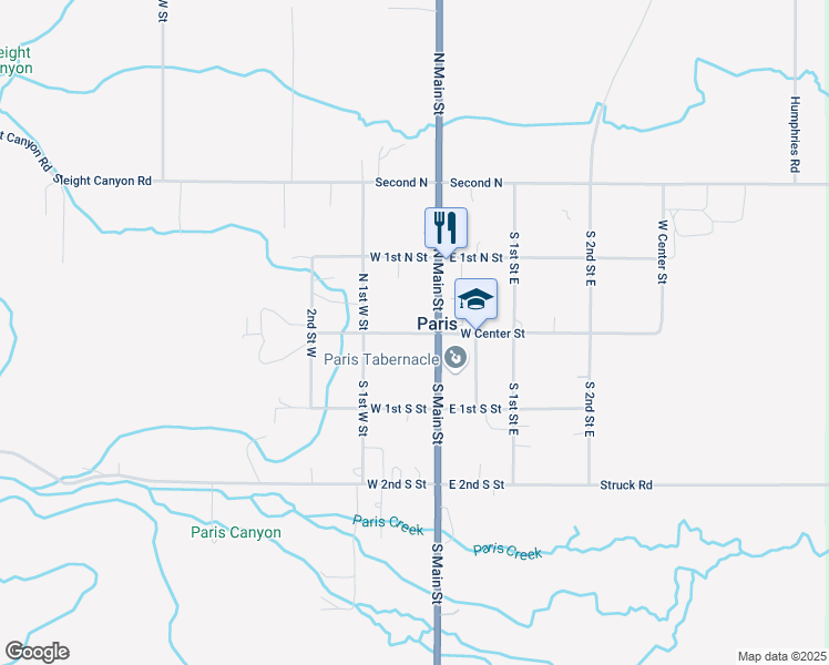 map of restaurants, bars, coffee shops, grocery stores, and more near 58 West Center Street in Paris