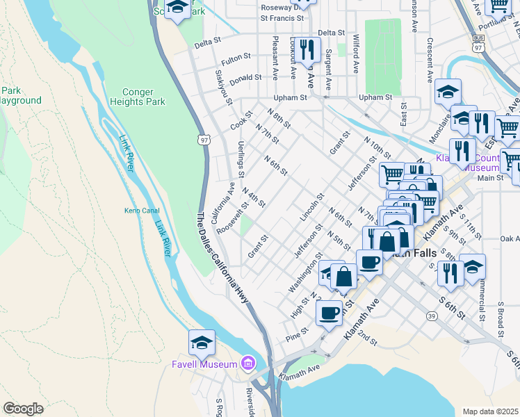 map of restaurants, bars, coffee shops, grocery stores, and more near 807 North 3rd Street in Klamath Falls