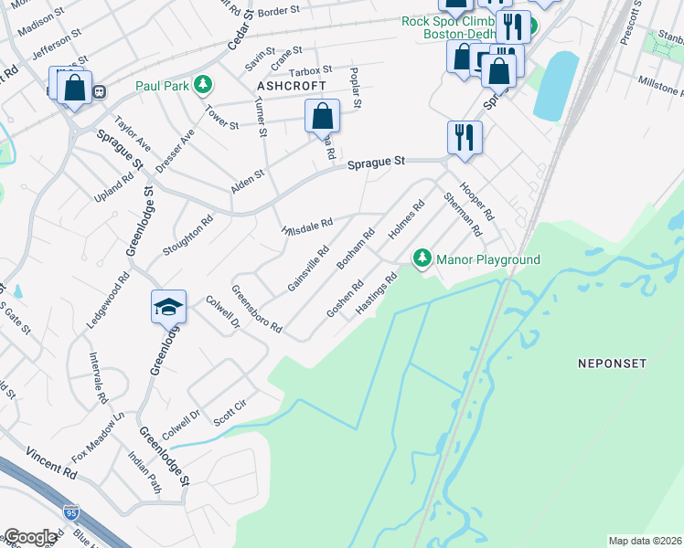 map of restaurants, bars, coffee shops, grocery stores, and more near 39 Goshen Road in Dedham