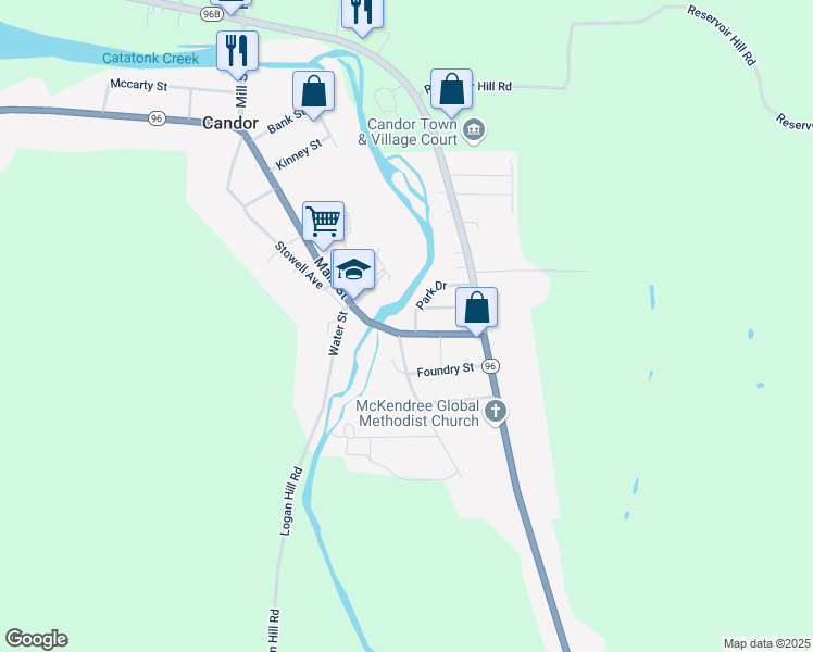 map of restaurants, bars, coffee shops, grocery stores, and more near 25 Main Street in Candor