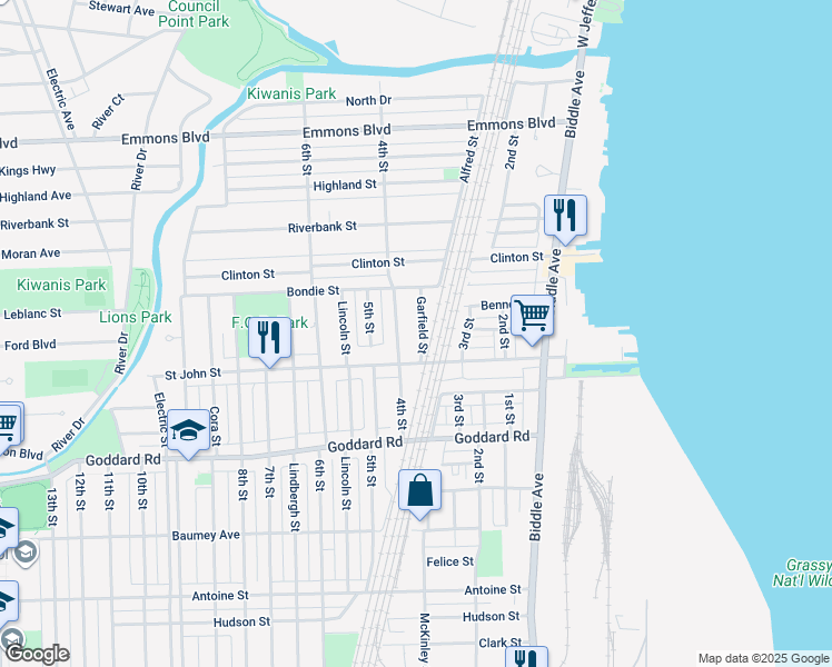 map of restaurants, bars, coffee shops, grocery stores, and more near 398 Saint John Street in Wyandotte