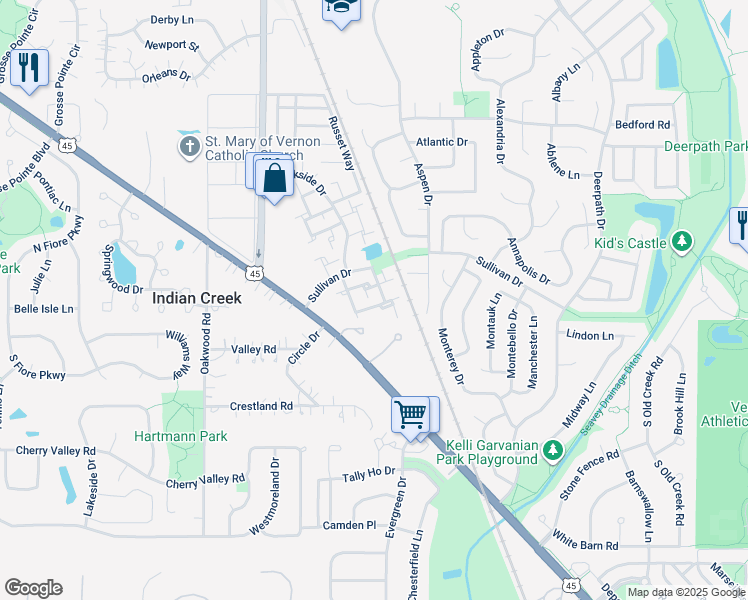 map of restaurants, bars, coffee shops, grocery stores, and more near 341 Birchwood Court in Vernon Hills