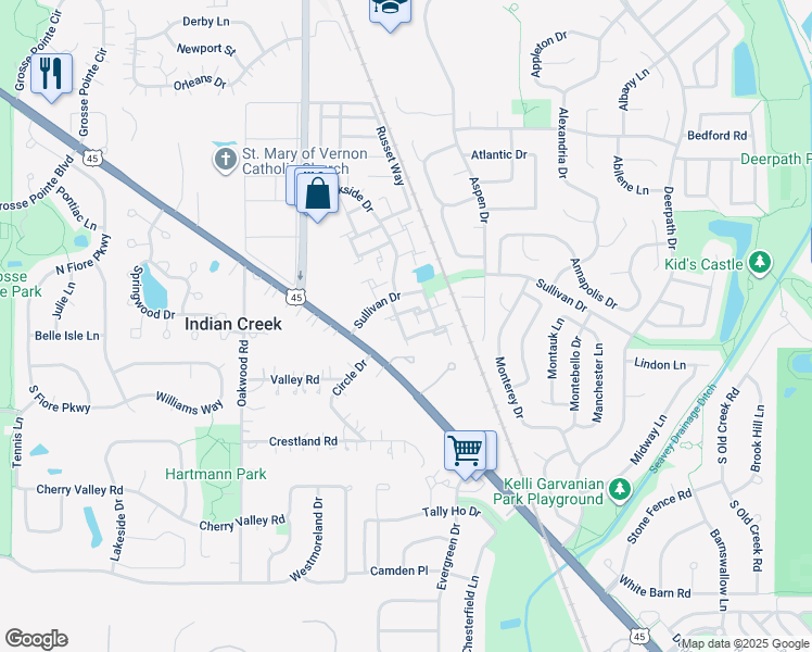 map of restaurants, bars, coffee shops, grocery stores, and more near 80 Maplewood Drive in Vernon Hills