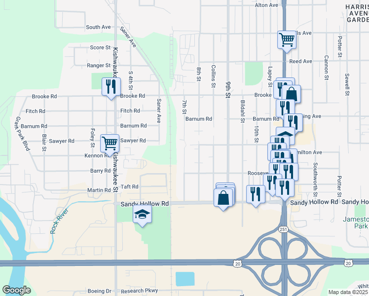 map of restaurants, bars, coffee shops, grocery stores, and more near 37 7th Street in Rockford