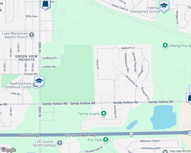 map of restaurants, bars, coffee shops, grocery stores, and more near 3102 Holiday Drive in Rockford