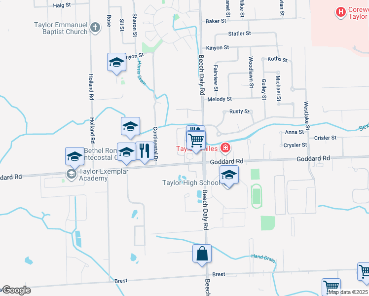 map of restaurants, bars, coffee shops, grocery stores, and more near Mount Vernon Street in Taylor