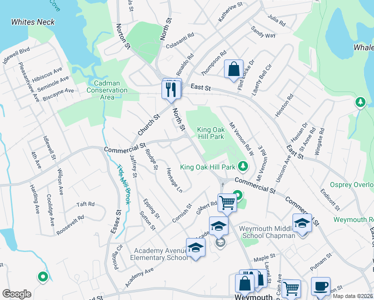 map of restaurants, bars, coffee shops, grocery stores, and more near 24 Richards Road in Weymouth