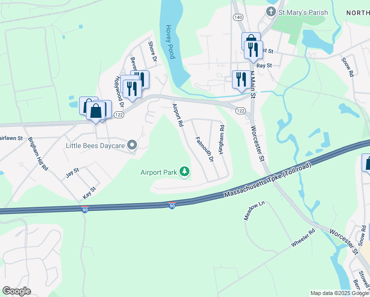 map of restaurants, bars, coffee shops, grocery stores, and more near 28 Airport Road in Grafton