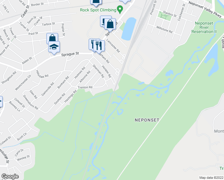 map of restaurants, bars, coffee shops, grocery stores, and more near 110 Sherman Road in Dedham