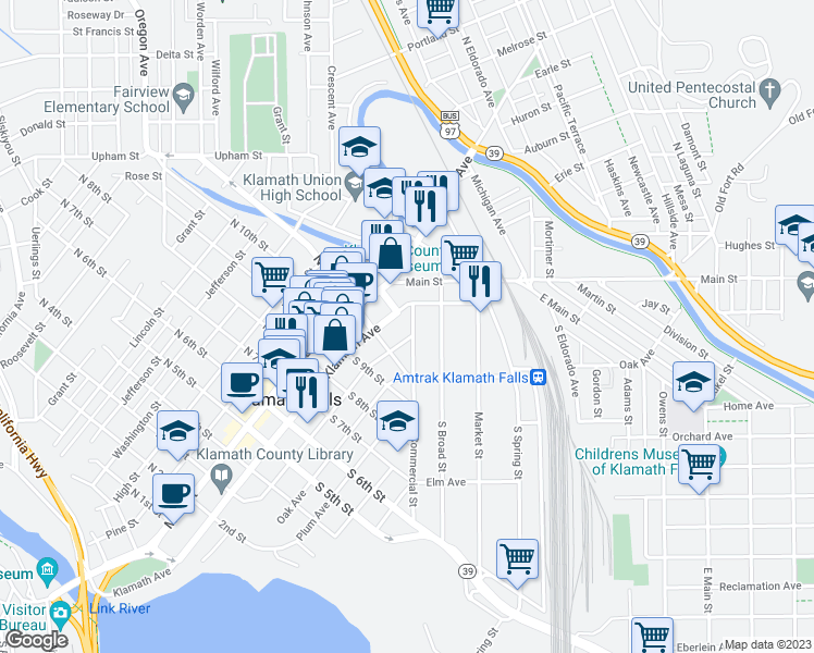 map of restaurants, bars, coffee shops, grocery stores, and more near 219 South 11th Street in Klamath Falls
