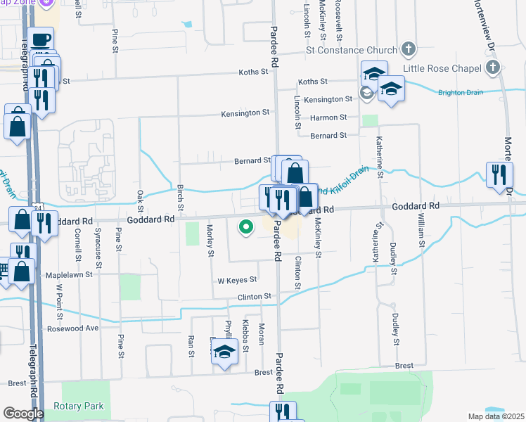 map of restaurants, bars, coffee shops, grocery stores, and more near 22615 Goddard Road in Taylor