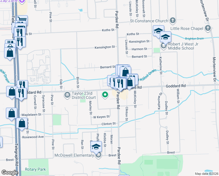 map of restaurants, bars, coffee shops, grocery stores, and more near 22675 Goddard Road in Taylor