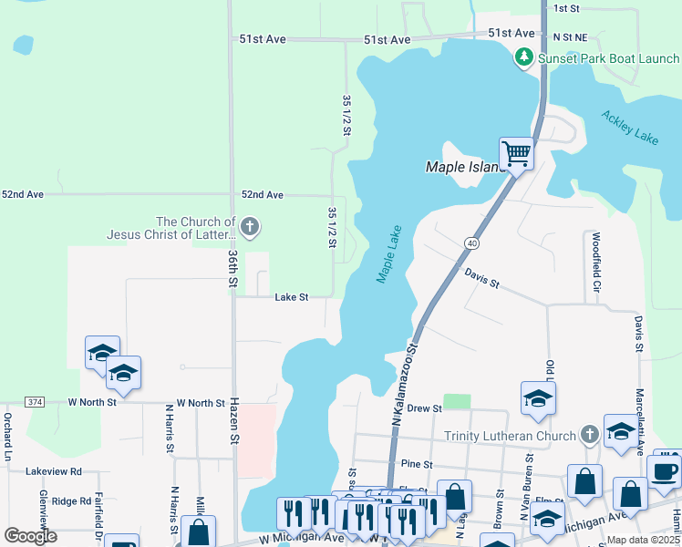 map of restaurants, bars, coffee shops, grocery stores, and more near 52715 35 1/2 Street in Paw Paw