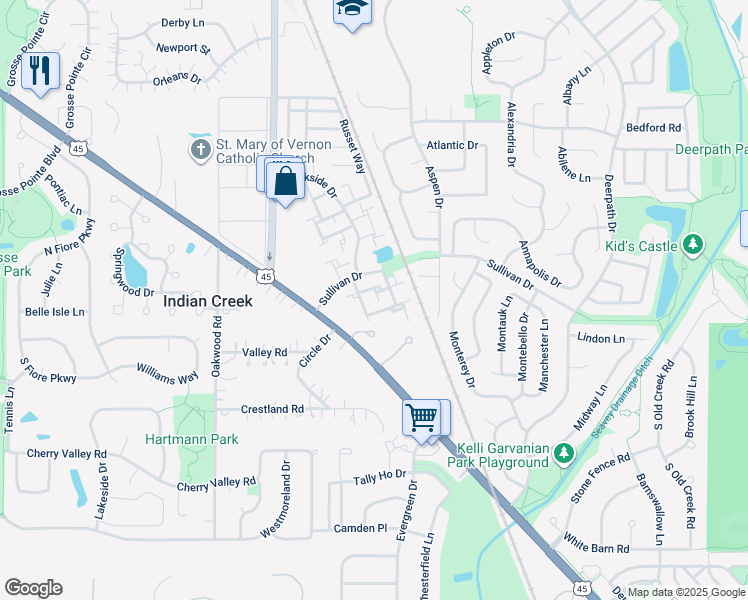 map of restaurants, bars, coffee shops, grocery stores, and more near 341 Birchwood Court in Vernon Hills