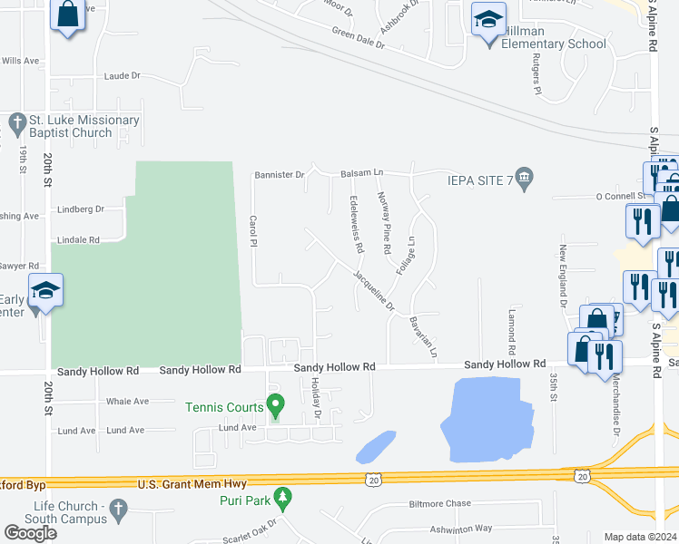 map of restaurants, bars, coffee shops, grocery stores, and more near 3110 Meriday Lane in Rockford