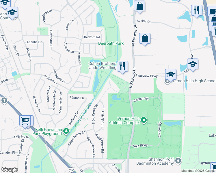 map of restaurants, bars, coffee shops, grocery stores, and more near 13 North Old Creek Road in Vernon Hills