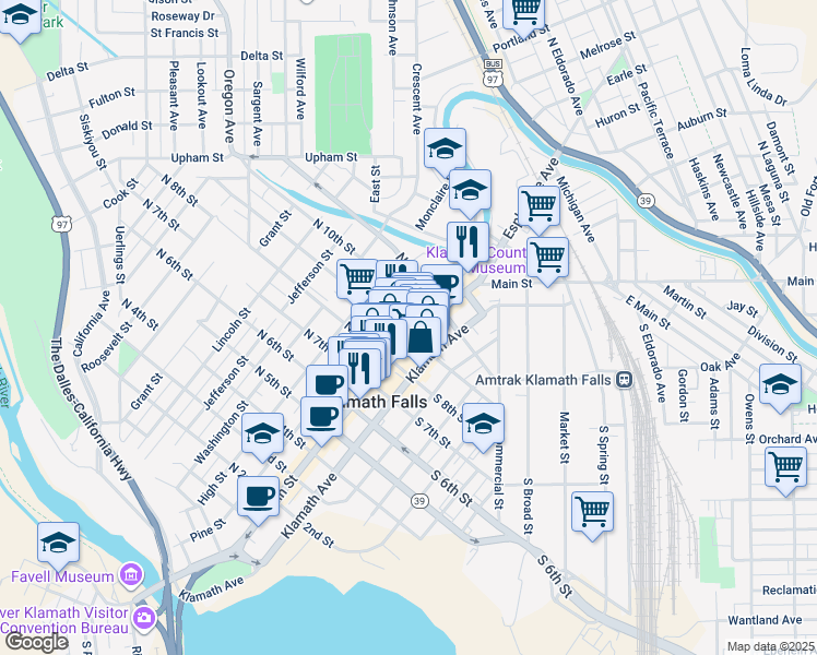 map of restaurants, bars, coffee shops, grocery stores, and more near 905 Main Street in Klamath Falls