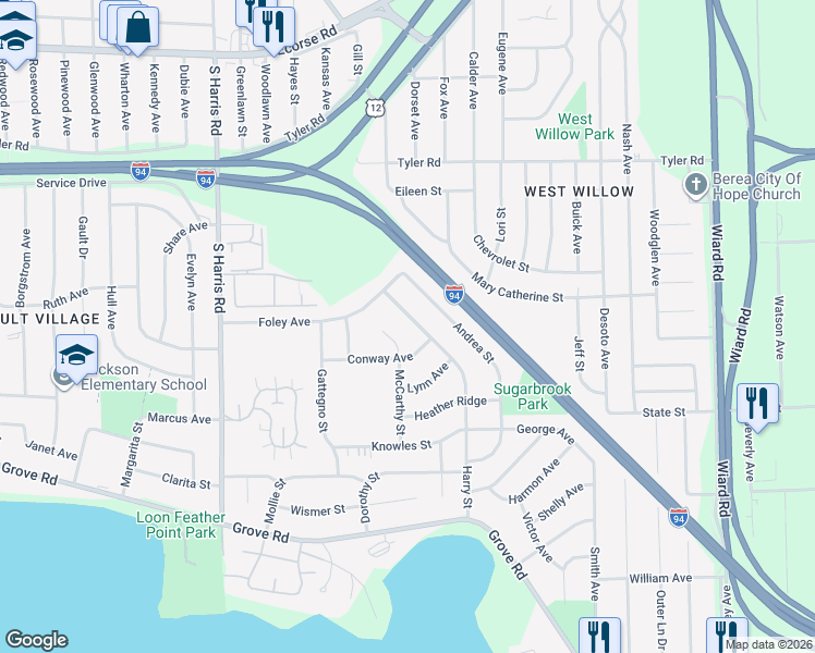 map of restaurants, bars, coffee shops, grocery stores, and more near 1358 McCarthy Court in Ypsilanti