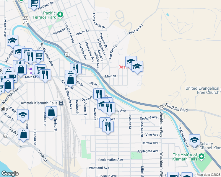 map of restaurants, bars, coffee shops, grocery stores, and more near Crater Lake Parkway in Klamath Falls