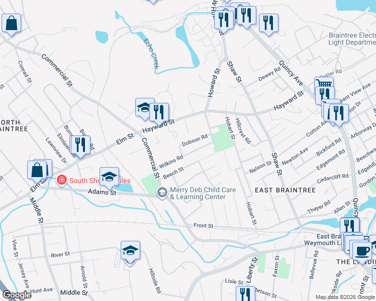 map of restaurants, bars, coffee shops, grocery stores, and more near 68 Beech Street in Braintree