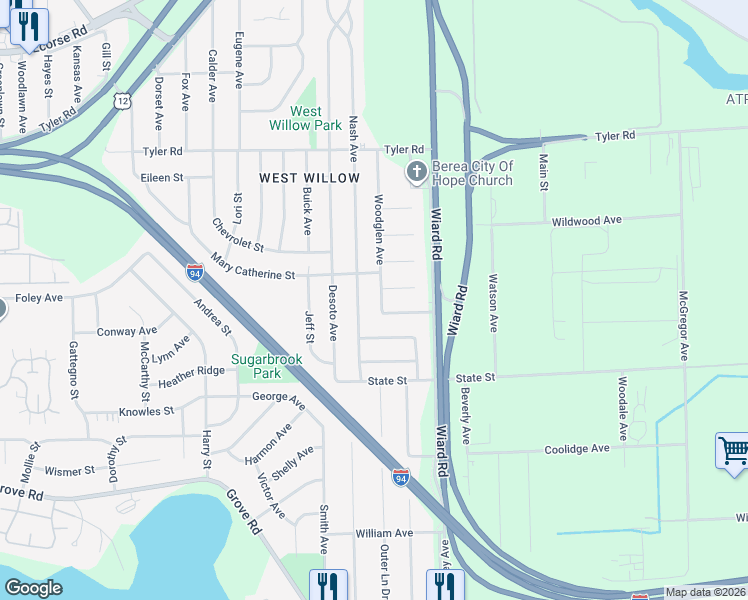 map of restaurants, bars, coffee shops, grocery stores, and more near 2312 Cedarcliff Drive in Ypsilanti