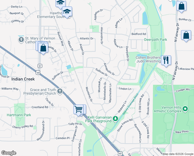 map of restaurants, bars, coffee shops, grocery stores, and more near 20 Montauk Lane in Vernon Hills