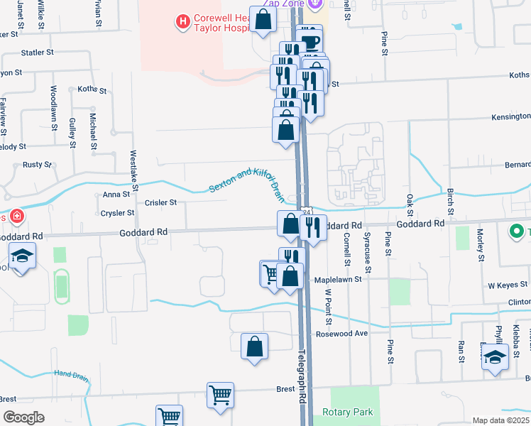 map of restaurants, bars, coffee shops, grocery stores, and more near 24158 Goddard Road in Taylor