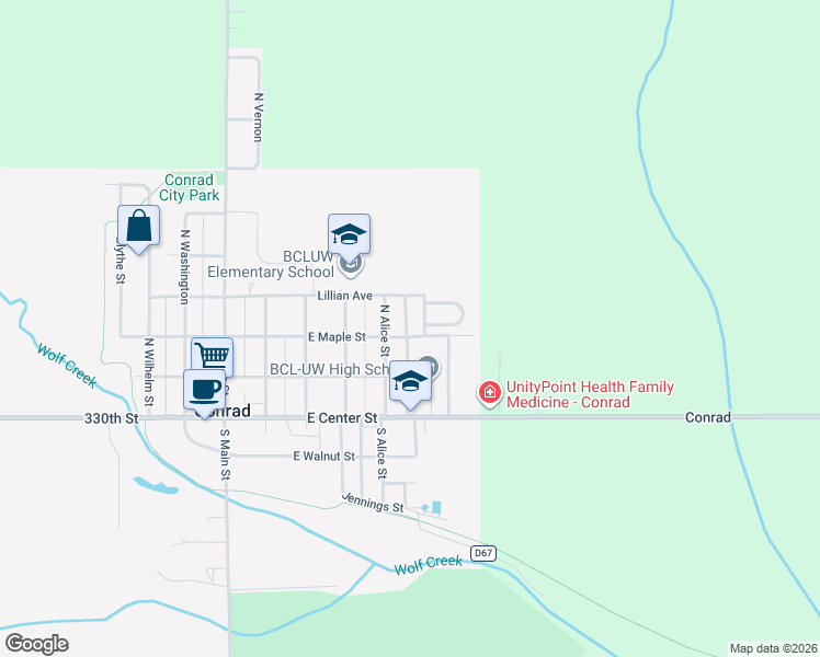 map of restaurants, bars, coffee shops, grocery stores, and more near 200-298 N Alice St in Conrad