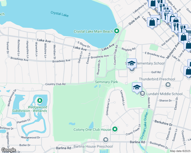 map of restaurants, bars, coffee shops, grocery stores, and more near 748 Country Club Road in Crystal Lake