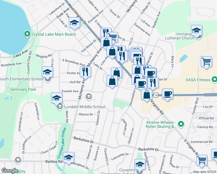 map of restaurants, bars, coffee shops, grocery stores, and more near 340 Everett Avenue in Crystal Lake