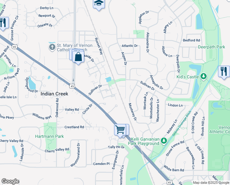 map of restaurants, bars, coffee shops, grocery stores, and more near 341 Birchwood Court in Vernon Hills