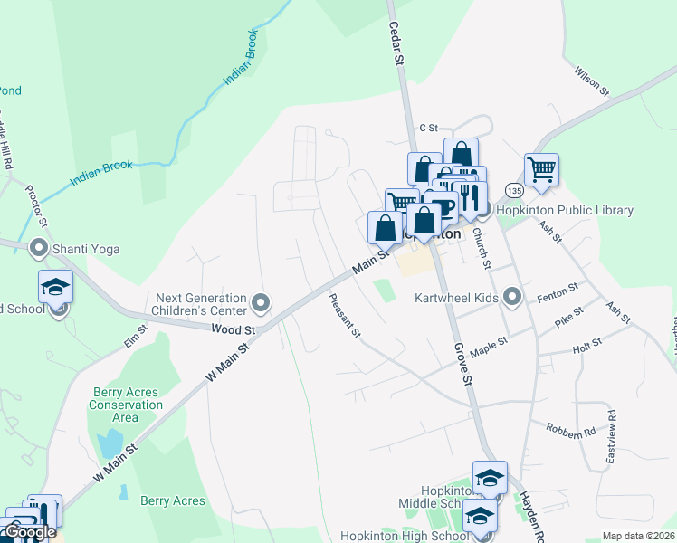 map of restaurants, bars, coffee shops, grocery stores, and more near 93 Main Street in Hopkinton
