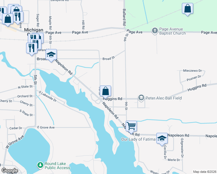 map of restaurants, bars, coffee shops, grocery stores, and more near in Michigan Center