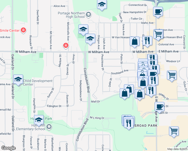 map of restaurants, bars, coffee shops, grocery stores, and more near 6343-6793 Constitution Blvd in Portage