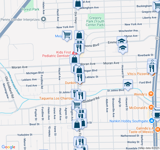 map of restaurants, bars, coffee shops, grocery stores, and more near 3954 Dix Highway in Lincoln Park