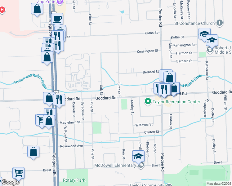 map of restaurants, bars, coffee shops, grocery stores, and more near 23300 Goddard Road in Taylor
