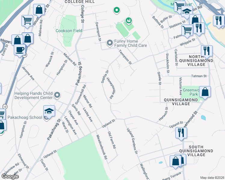 map of restaurants, bars, coffee shops, grocery stores, and more near 14 Honeysuckle Road in Worcester