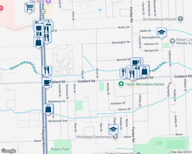 map of restaurants, bars, coffee shops, grocery stores, and more near 23300 Goddard Road in Taylor